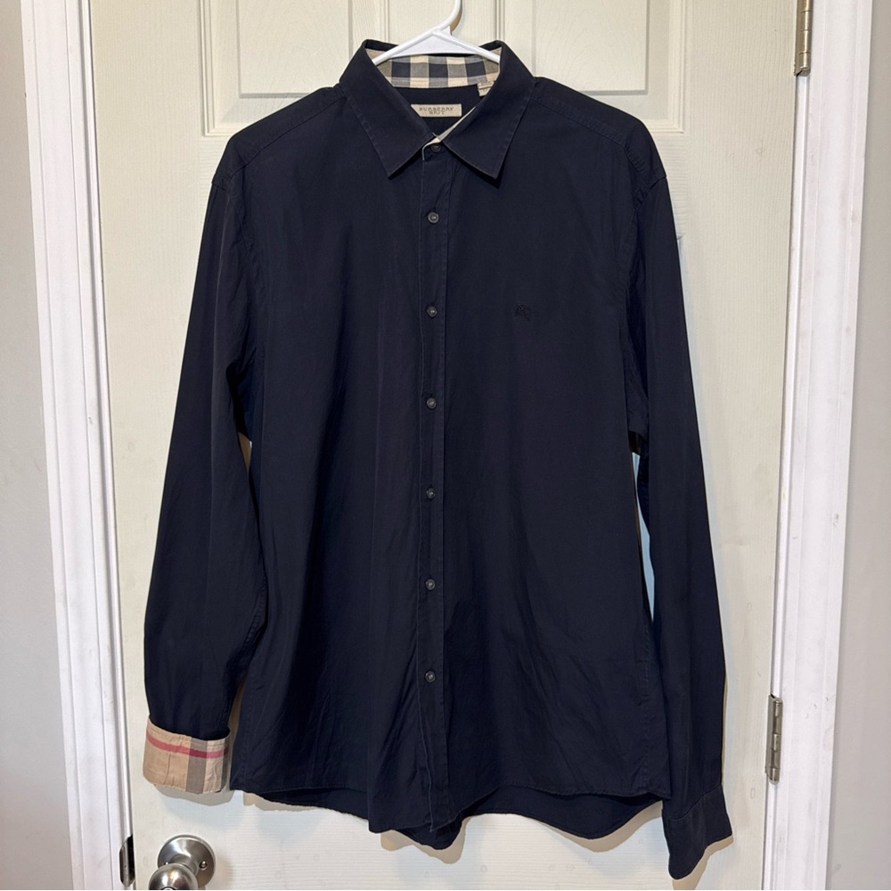 Burberry Men’s Black Button Down Shirt Nova Check Cuff Medium Cotton
